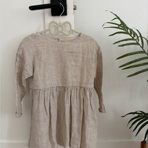 Zara Beige Linen Long-Sleeve Gathered Dress